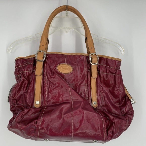 TOD'S Shoulder Hand Bag Purple Maroon PVC Leather Brown Accents Purse Pocketbook - Picture 1 of 16